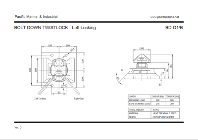 BD-D1/B Bolt Down ISO Shipping Container Left Locking Twistlock Drawing