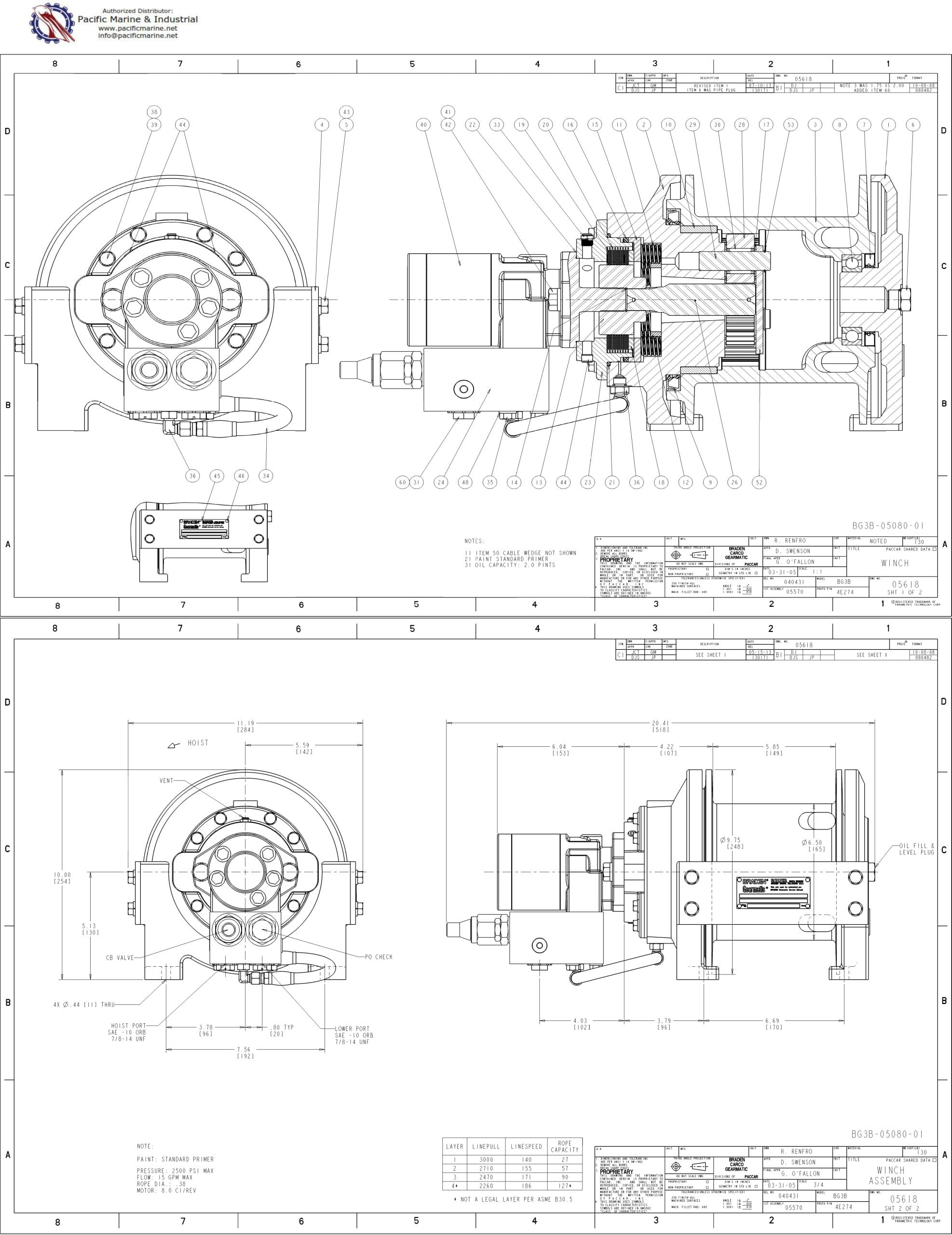 Drawing of Hydraulic Winch Hoist Model BG3B-05080-01-1 by Arrowhead PACCAR Braden