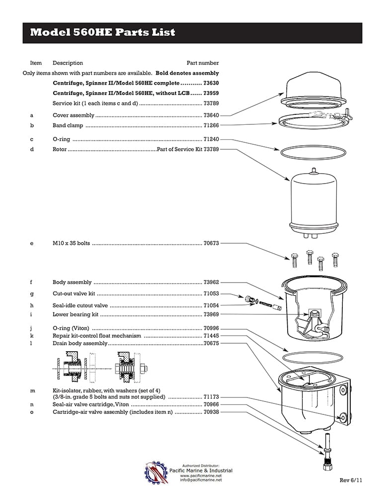 Parts List for Spinner 2 Oil Filter Model 560HE