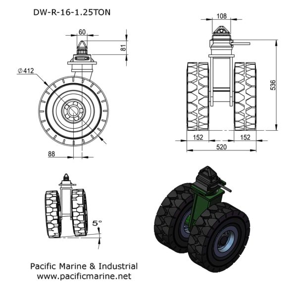 1.25 Metric Ton - Shipping Container Caster Dolly Wheels - Drawing