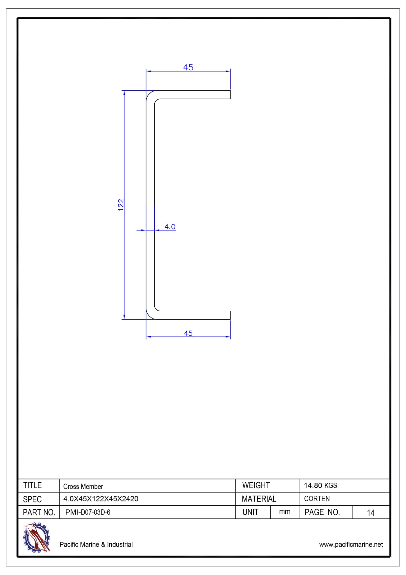 Shipping Container Crossmember Drawing: PMI-D07-03D-6