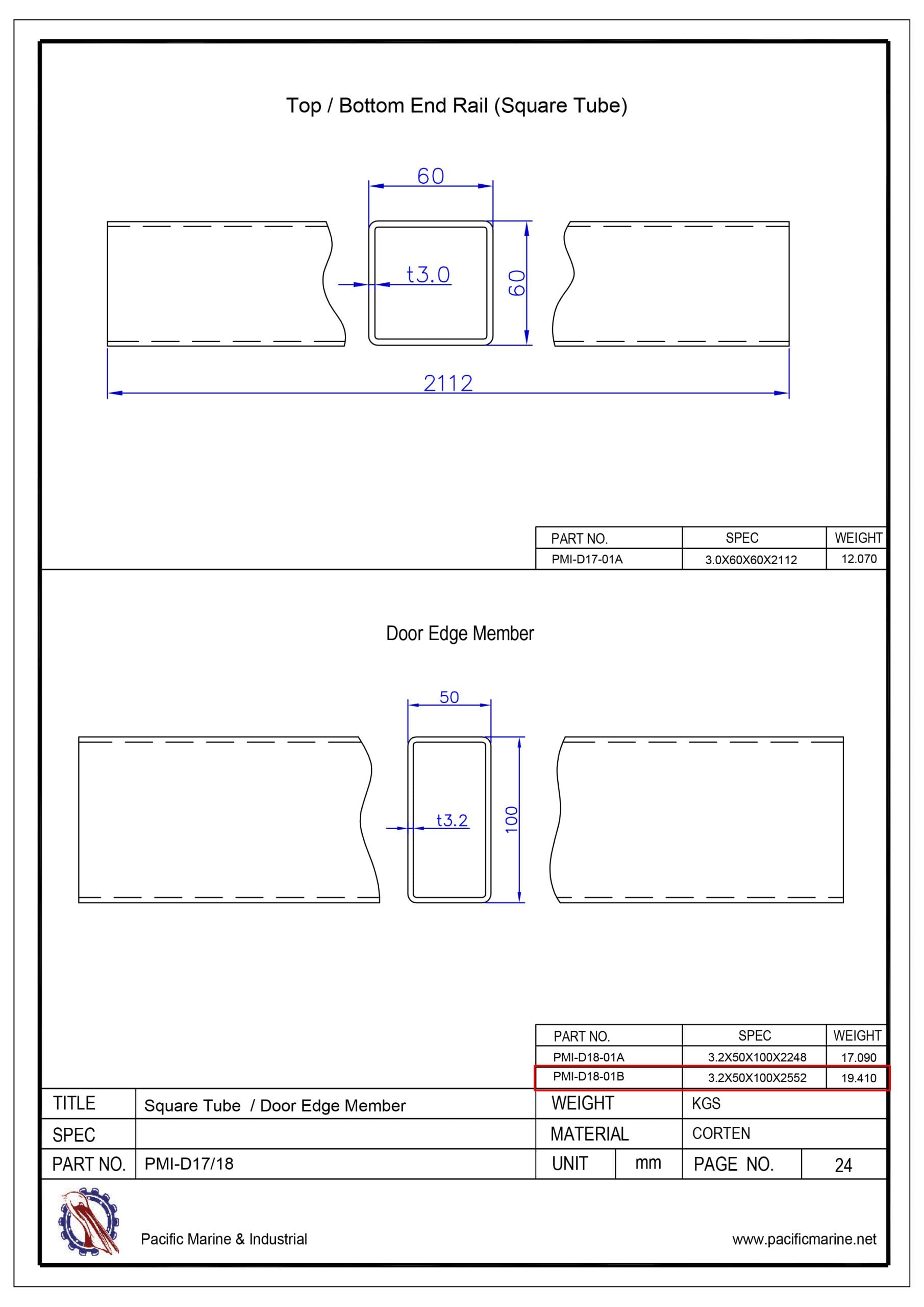 Shipping Container Door Frame Hollow Section Drawing: PMI-D18-01B
