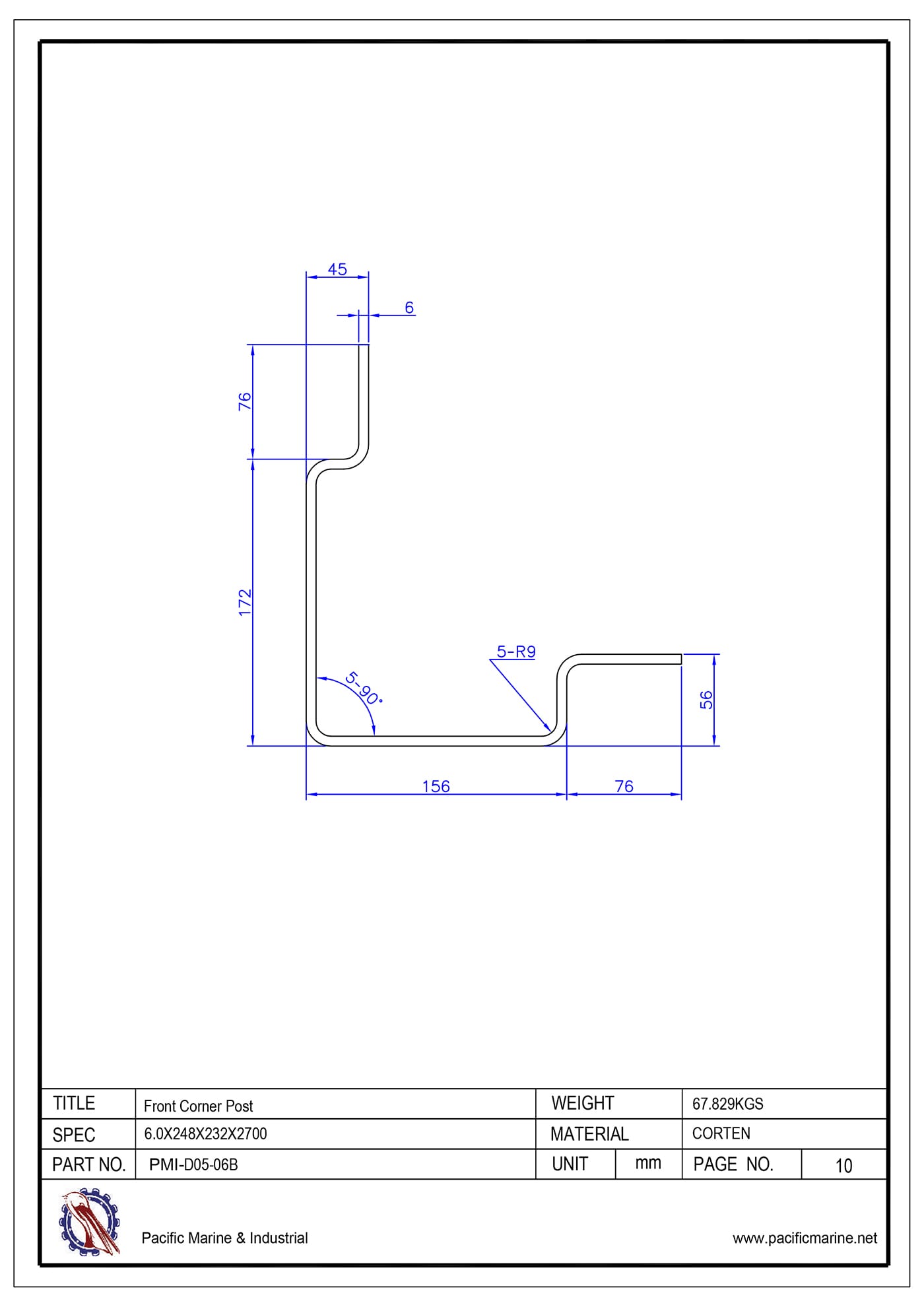 Shipping Container Front Corner Post Drawing: PMI-D05-06B