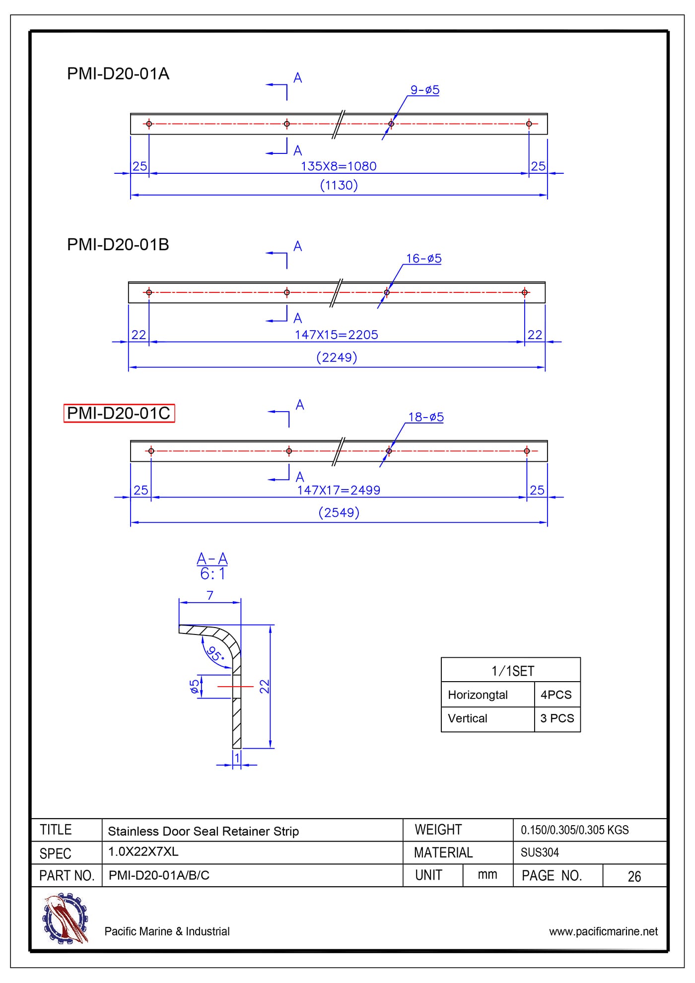 Shipping Container Gasket Retainer (Vertical) Drawing: PMI-D20-01C