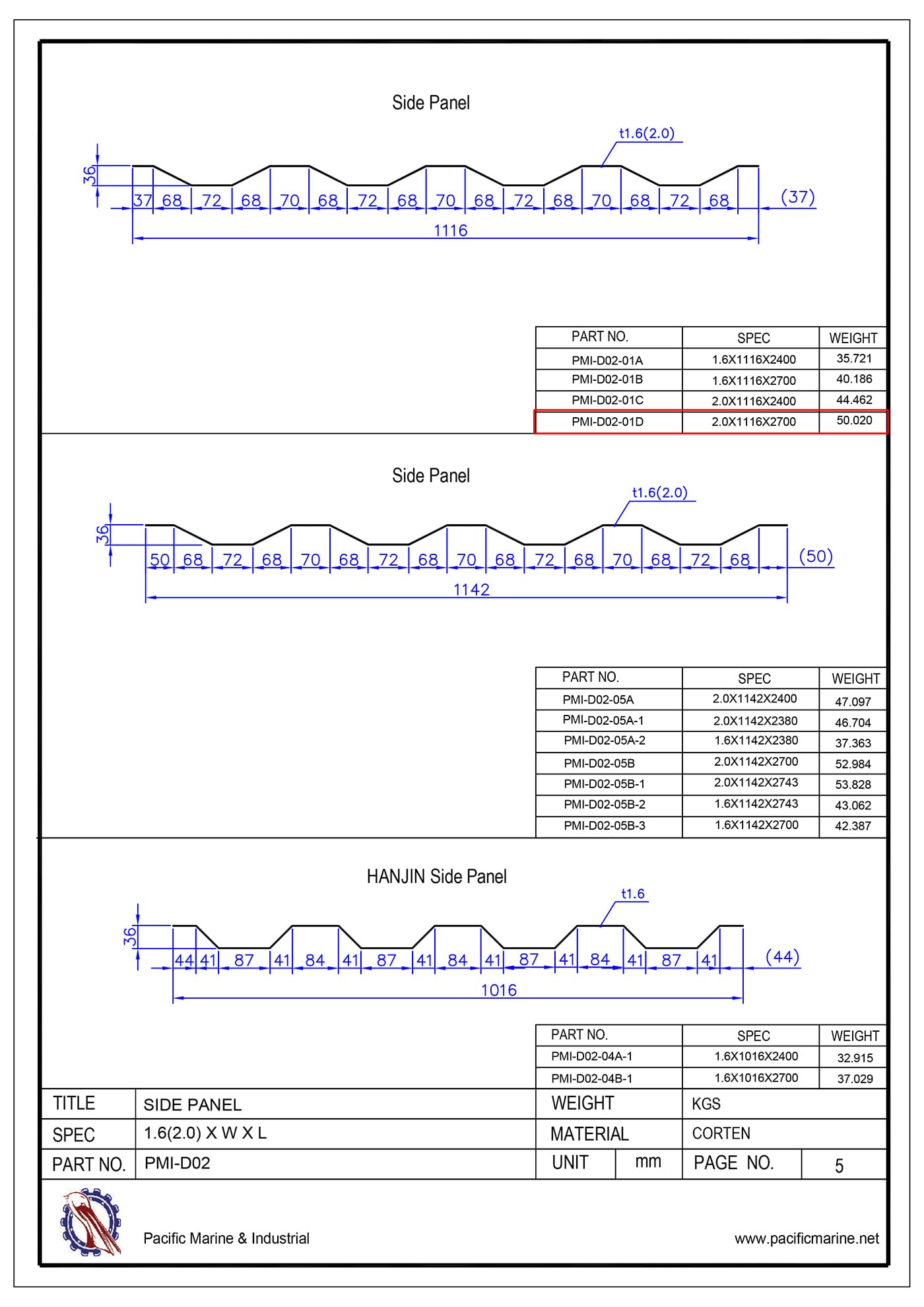 Shipping Container Side Panel Drawing: PMI-D02-01D