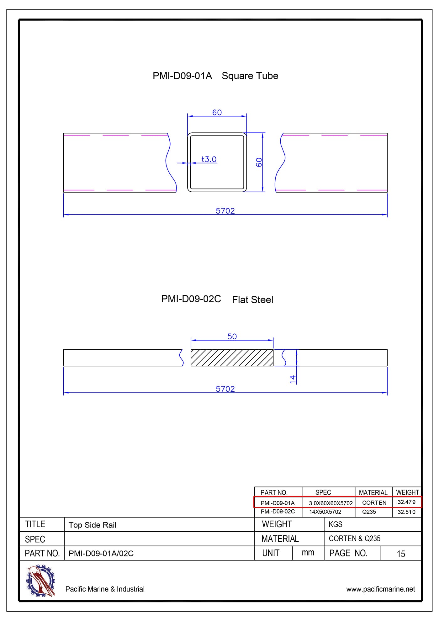 Shipping Container Top Side Rail Drawing: PMI-D09-01A