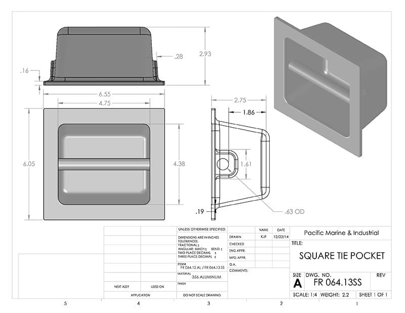 Aluminum Tie Down Point | Flush Rectangular Pocket - TP-44SS Drawing