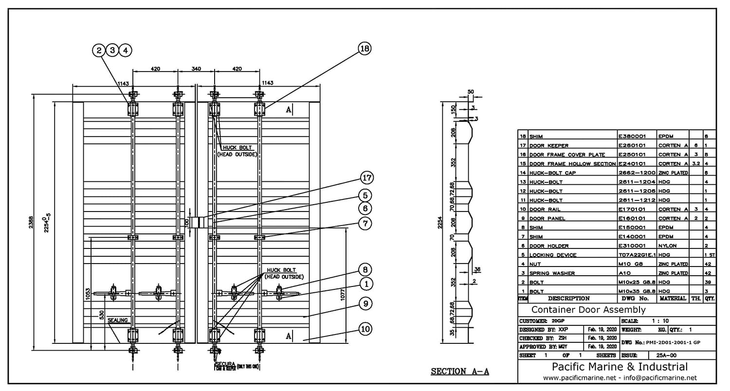 Shipping Container Door Assembly Drawing for Standard Height Containers