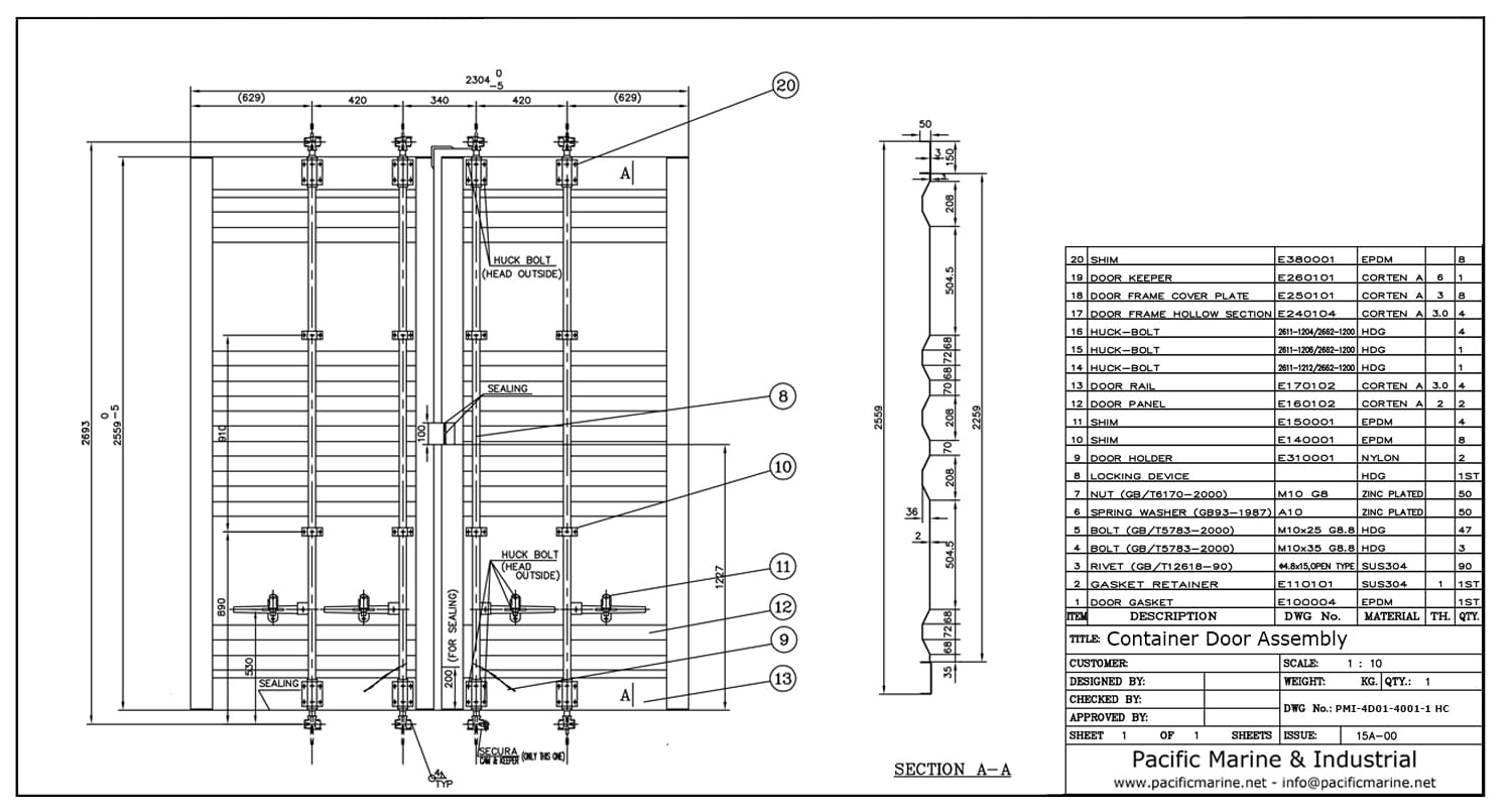 Shipping Container Door Assembly Drawing for High Cube Containers